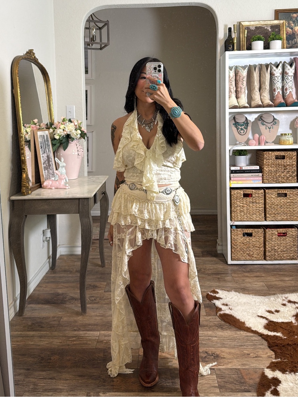 SHEIN Cream Lace Ruffle Slip skort